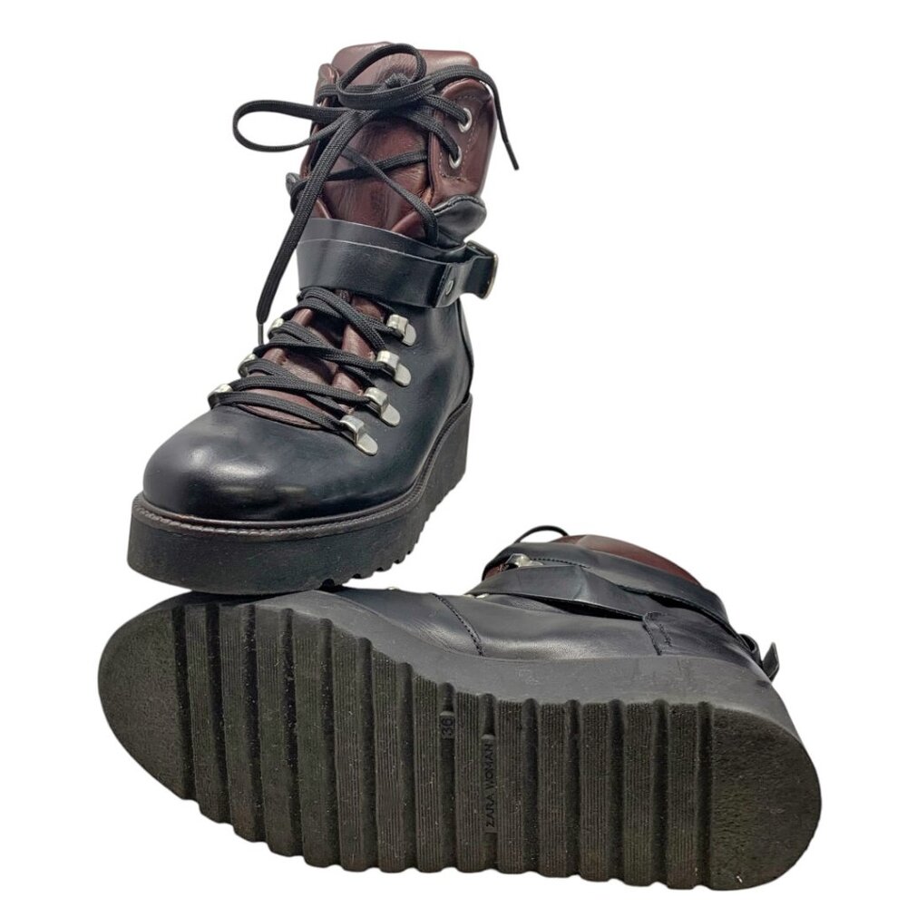 ZARA Black Leather Lace Up Wedge Mountain‎ Booties - Picture 9 of 12